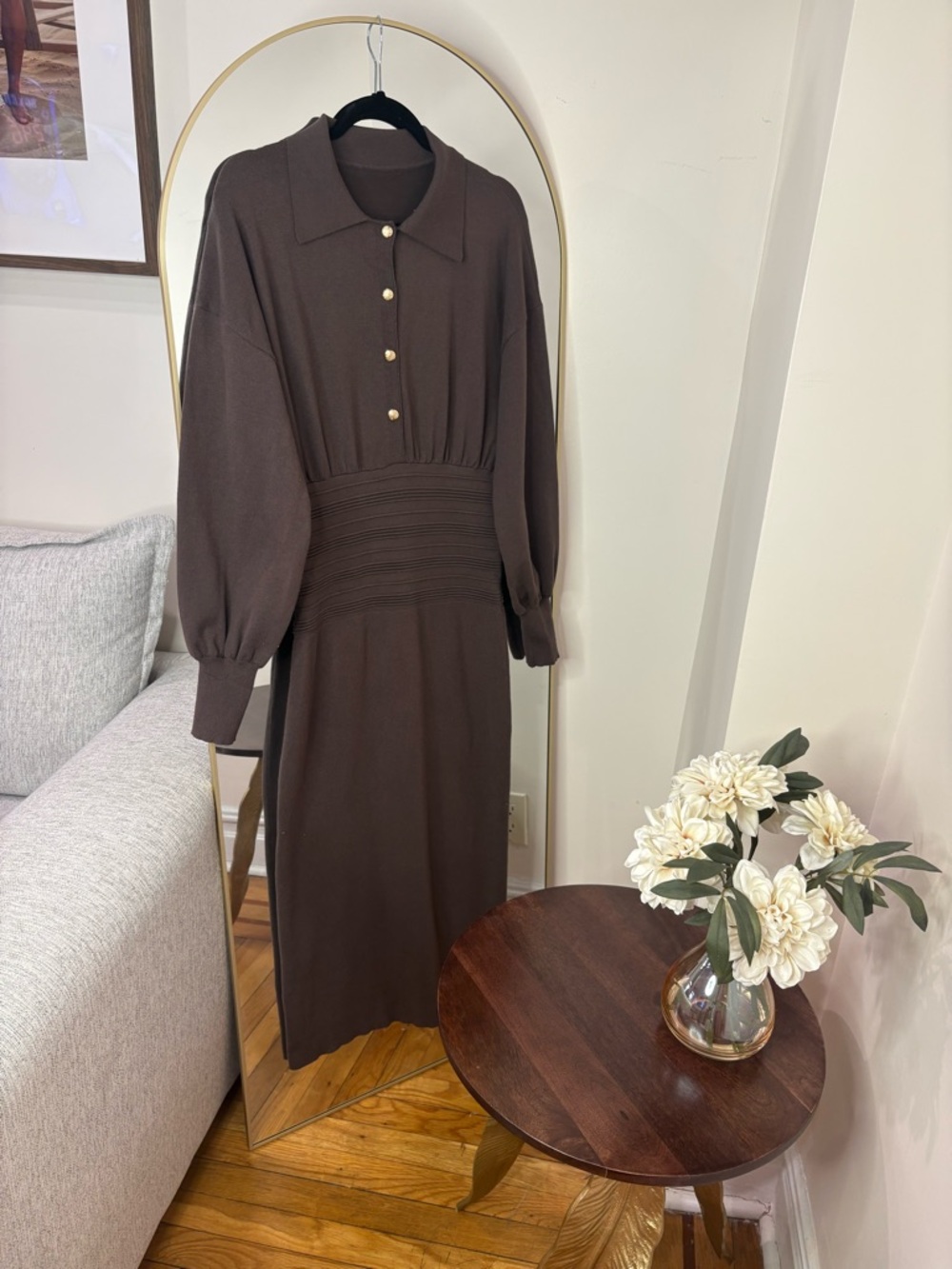 NWT COMMENSE Classic Long-Sleeve Brown Midi Dress with Collar